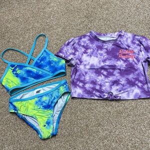 Lands End 2 pc bikini blue & yellow, short sleeve sun shirt, Sz 6,good condition